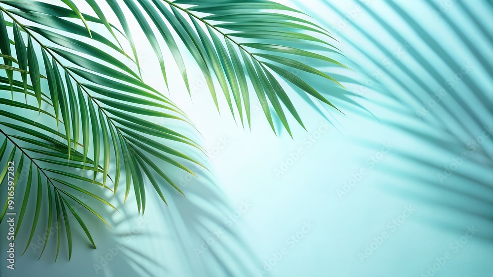 Pattern of blurred palm fronds on a light blue canvas. The minimalist design and summery color scheme create a versatile backdrop for showcasing your summer products. Pattern of blurred palm fronds on a light blue canvas. The minimalist design and summery color scheme create a versatile backdrop for showcasing your summer products.