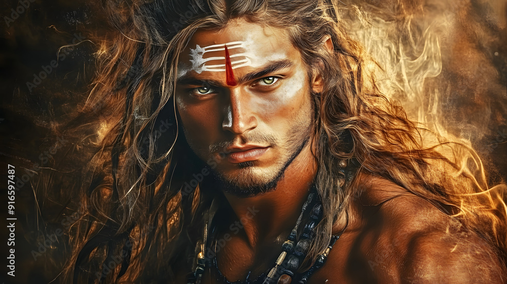 A man with long hair is shown in a painting A man with long hair is shown in a painting