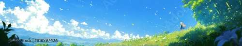 Enchanting Anime-style Lily Paradise: Breathtaking Spring Landscape with Vibrant Blue Sky and Delicate Flowers. Perfect for 4K Wallpapers, Game Illustrations, Book Visuals, and Creative Marketing. Dre