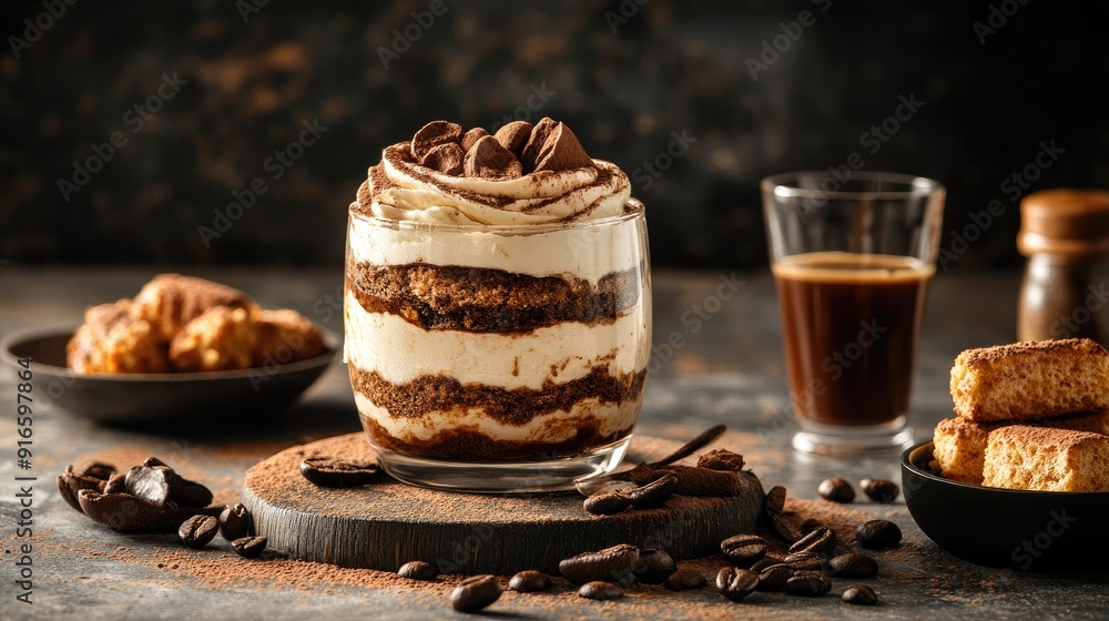 A tempting shot of a traditional Italian tiramisu, with layers of coffee-soaked ladyfingers and creamy mascarpone. A tempting shot of a traditional Italian tiramisu, with layers of coffee-soaked ladyfingers and creamy mascarpone.