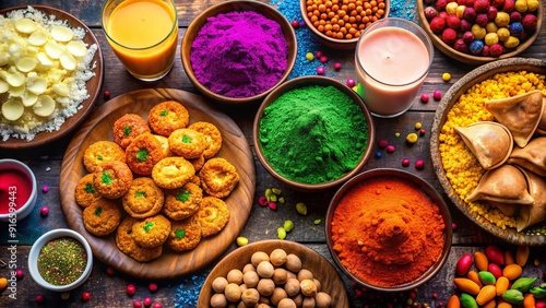 Vibrant power colors spell out 'Holi' on a festive background surrounded by traditional Indian sweets, Gujia, and Bhaang milk, celebrating the joyous Hindu festival of colors. photo