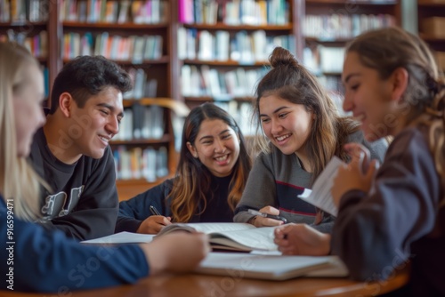 A group of students collaborate in a library, focusing on academic pursuits, studying together with educational materials and books to enhance shared learning in a scholarly environment