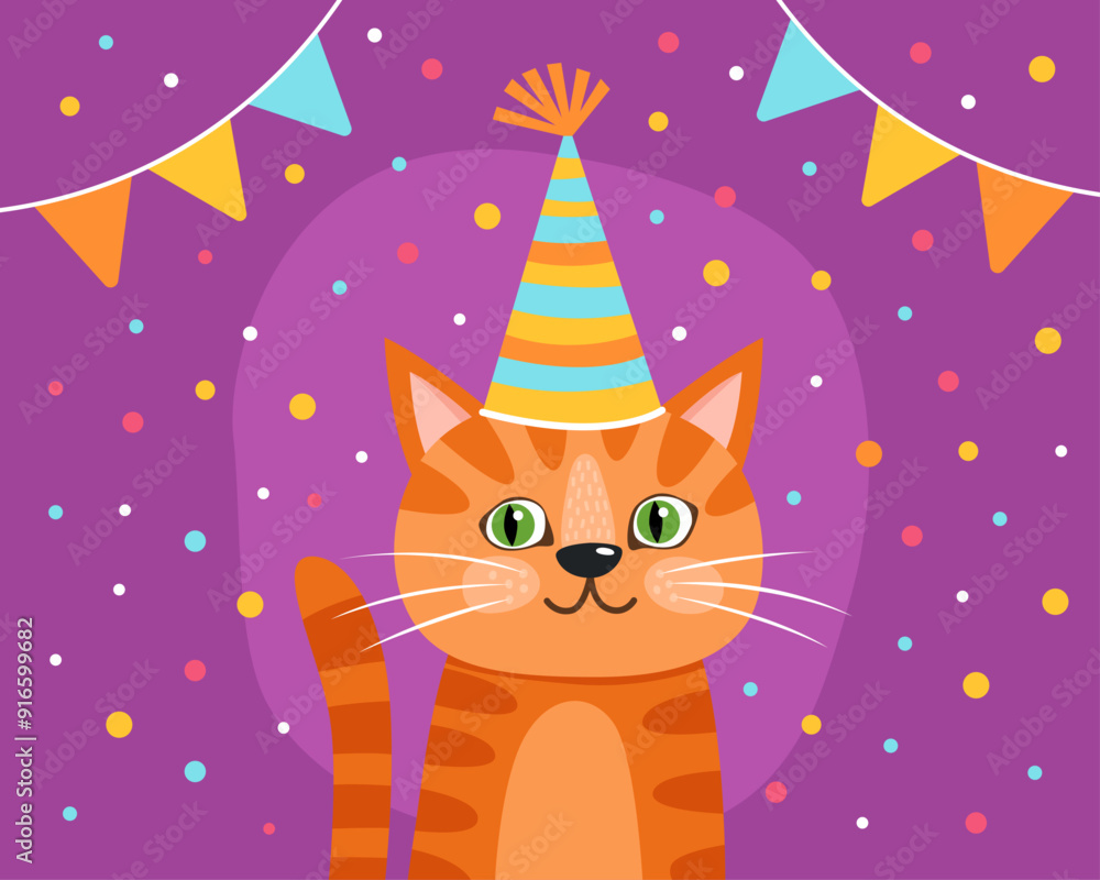 Portrait of a cute curious cat in a festive cap. Orange tabby cat with green eyes. Purple background, multicolored confetti, garlands. Birthday card. Cute cartoon illustration. Portrait of a cute curious cat in a festive cap. Orange tabby cat with green eyes. Purple background, multicolored confetti, garlands. Birthday card. Cute cartoon illustration.