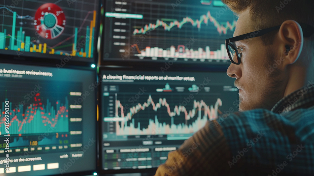 A close-up of a business analyst reviewing financial reports on a dual-monitor setup, with charts, graphs, and spreadsheets on the screens. A close-up of a business analyst reviewing financial reports on a dual-monitor setup, with charts, graphs, and spreadsheets on the screens.