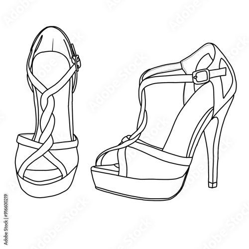 Black and White Line Drawing of Two Women's High Heel Sandals Line Art, Technical sketch hand drawing outline vector doodle illustration, side and front view isolated on white background