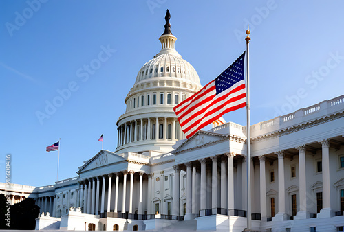 american flag draped capitol building clear division showing blue side democrats red side republicans