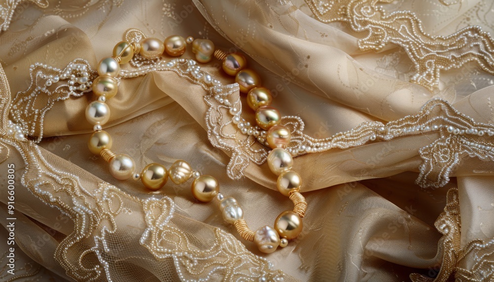 Obraz premium An elegant display of a golden pearl necklace and earrings set, arranged on a plush velvet background with elite wedding accents