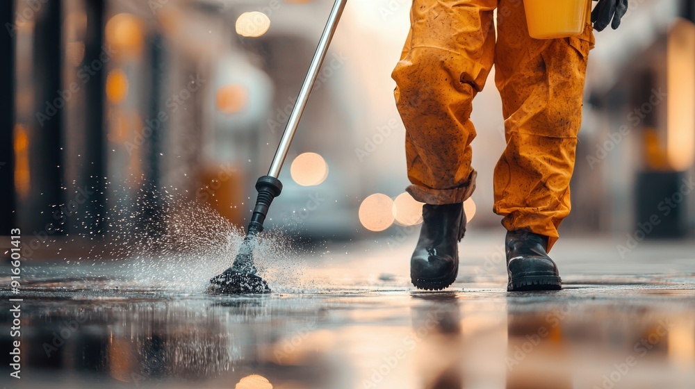 Obraz premium A worker in yellow rain gear cleaning a wet pavement with a pressure washer, capturing a moment of urban maintenance.