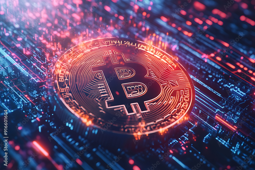 A stylized illustration of a Bitcoin symbol set against a digital-themed backdrop A stylized illustration of a Bitcoin symbol set against a digital-themed backdrop