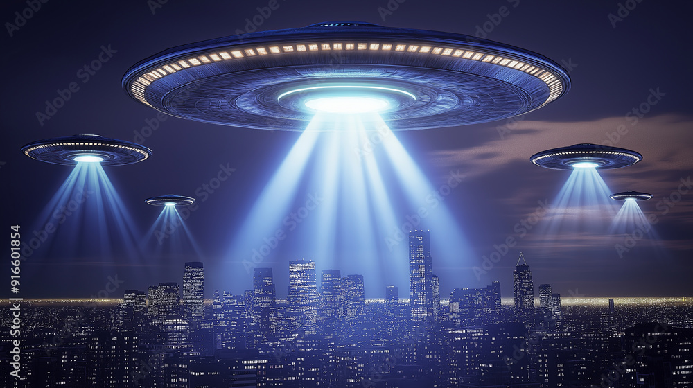 UFOs Hovering Over Illuminated City at Night .. UFOs Hovering Over Illuminated City at Night ..