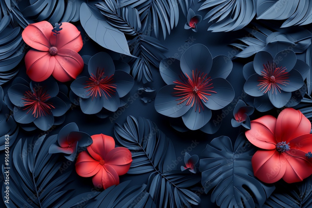 An elegant floral featuring a 3D bunch of leaves and flowers against a black background, with generous copy space An elegant floral featuring a 3D bunch of leaves and flowers against a black background, with generous copy space