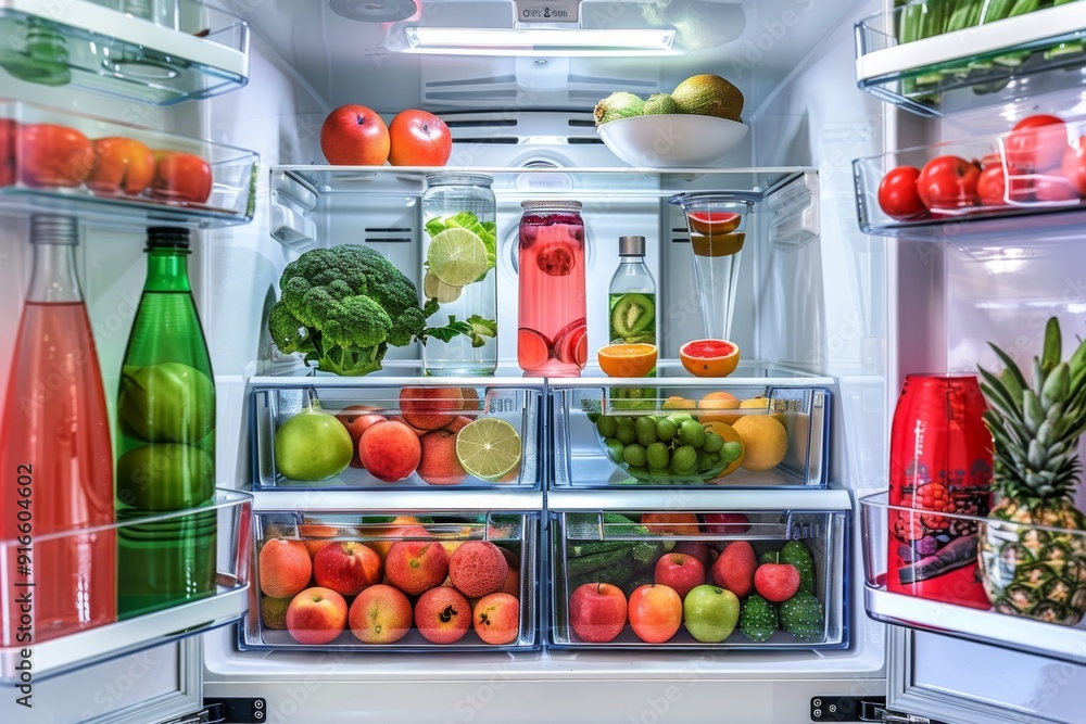 Elegant fridge interior filled with a variety of fruits and infused water, with neatly organized shelves showcasing colorful produce and stylish bottles Elegant fridge interior filled with a variety of fruits and infused water, with neatly organized shelves showcasing colorful produce and stylish bottles