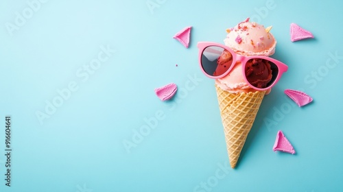 Summer Ice Cream with Sunglasses on a Blue Background