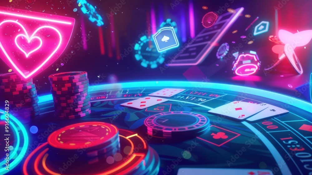 Fototapeta premium Neon Casino Table with Chips and Cards