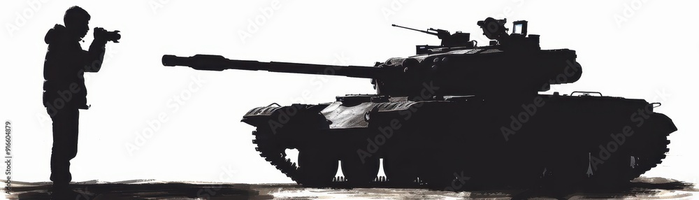 A silhouette of a photographer capturing an imposing tank, symbolizing strength and the impact of war. A silhouette of a photographer capturing an imposing tank, symbolizing strength and the impact of war.