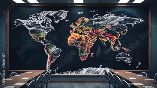 large map of the world  school consep white chalk drawing on a dark chalkboard Classroom setting 
 photo