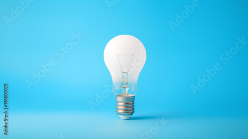 AI image generate of White light bulb on bright blue background in pastel colors. Minimalist concept, bright idea concept, isolated lamp