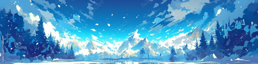 Obraz premium Enchanting Anime-style Winter Wonderland: Serene Snowy Landscape with Magical Holiday Atmosphere. Perfect for 4K Wallpapers, Game Illustrations, Book Visuals, and Creative Marketing. Ideal Backdrop fo