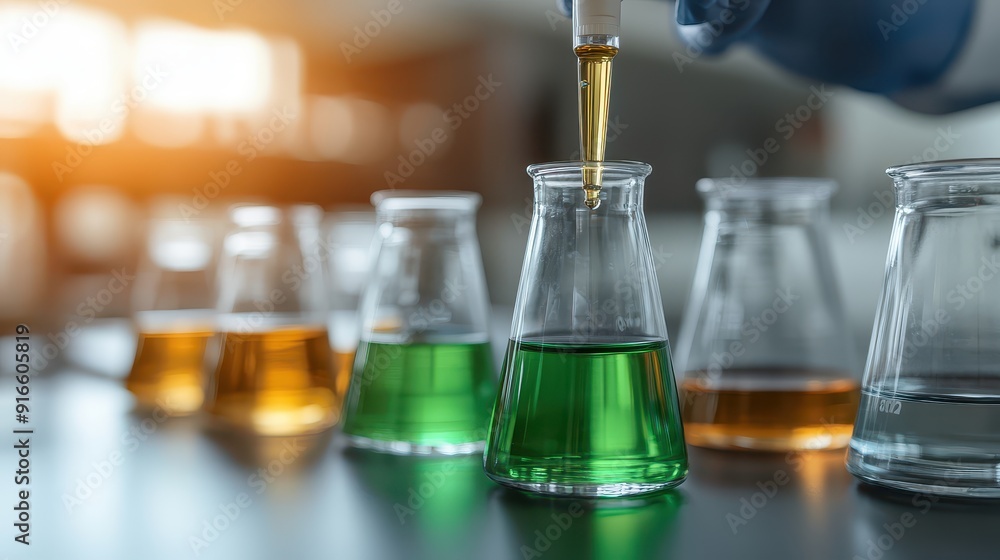 Close-up of colorful liquids in glass beakers, showcasing a laboratory experiment with vibrant chemical reactions. Close-up of colorful liquids in glass beakers, showcasing a laboratory experiment with vibrant chemical reactions.