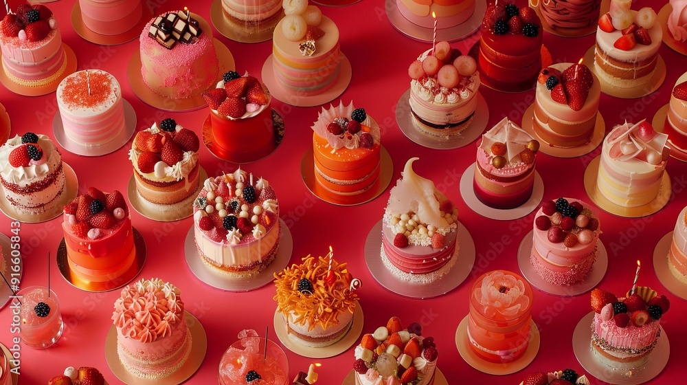 background image of an overhead shot of various birthday cakes, cotton candy background image of an overhead shot of various birthday cakes, cotton candy