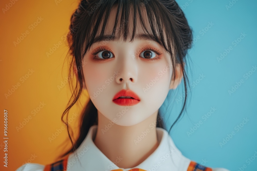 Beautiful Korean girl, professional portrait in the studio. Clear skin, makeup, well-groomed face. Korean cosmetics. Expressive look of a sweet woman. Beautiful Korean girl, professional portrait in the studio. Clear skin, makeup, well-groomed face. Korean cosmetics. Expressive look of a sweet woman.