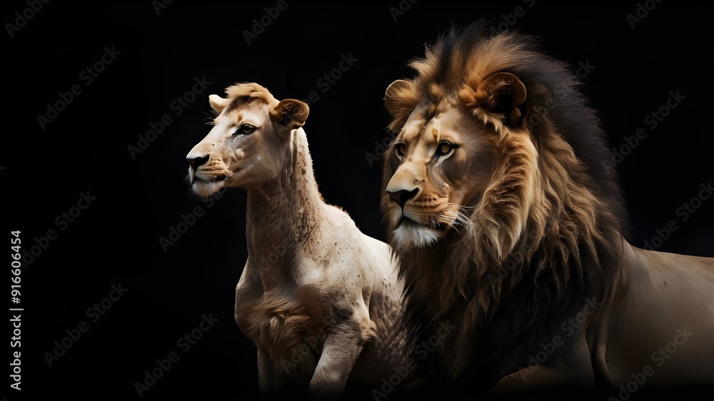 A black background with an isolated profile of a lion and lamb. AI-generated A black background with an isolated profile of a lion and lamb. AI-generated