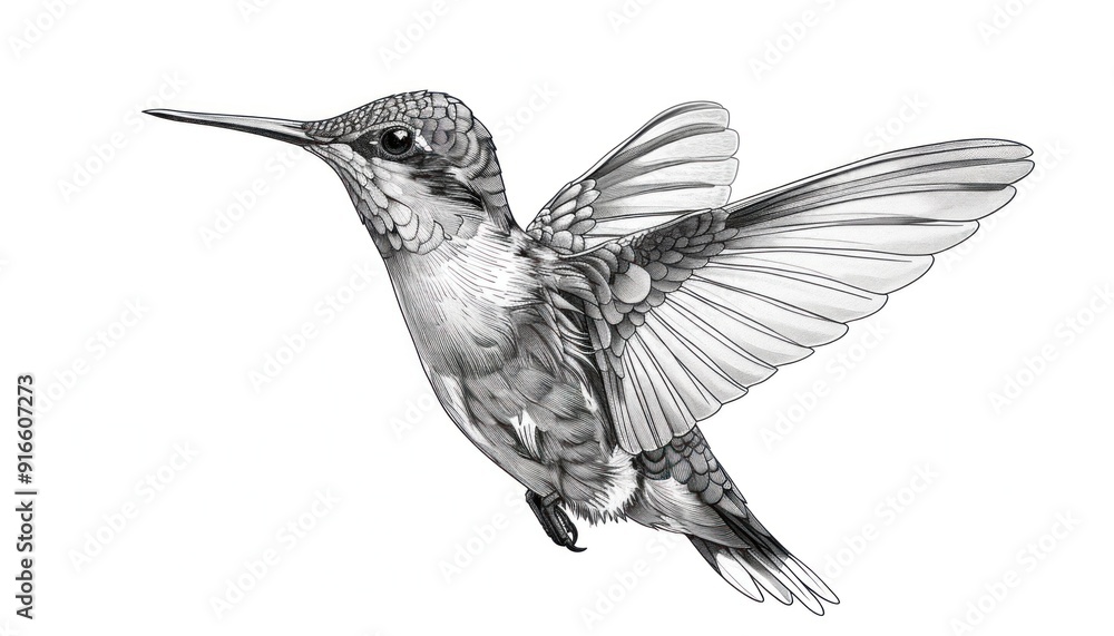 Obraz premium Hummingbird flying with open wings black and white illustration