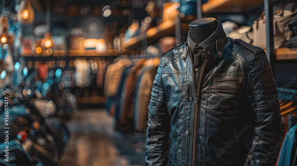 Fototapeta premium A trendy leather jacket displayed on a mannequin in a high-end fashion boutique.