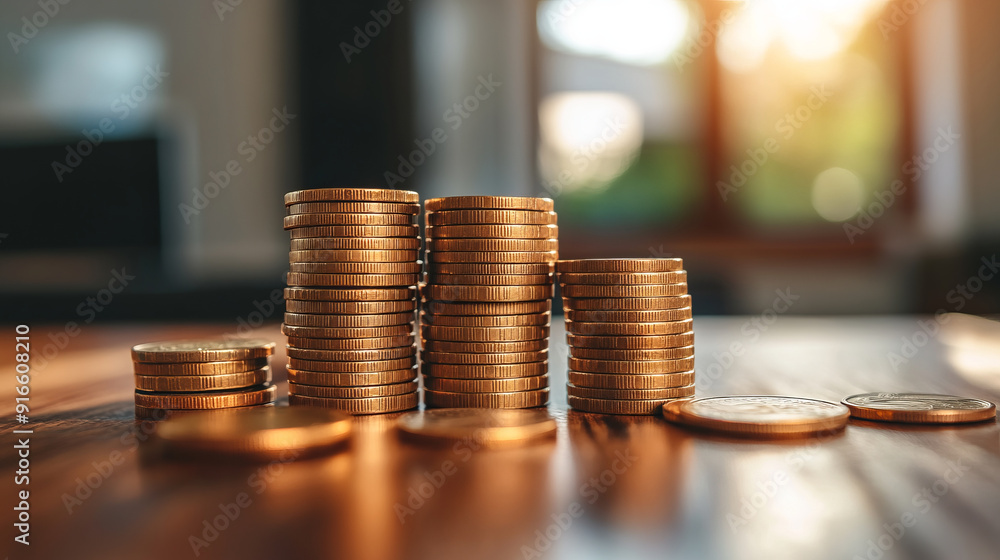 Golden coins stacked in a row on a wooden surface. .. Golden coins stacked in a row on a wooden surface. ..