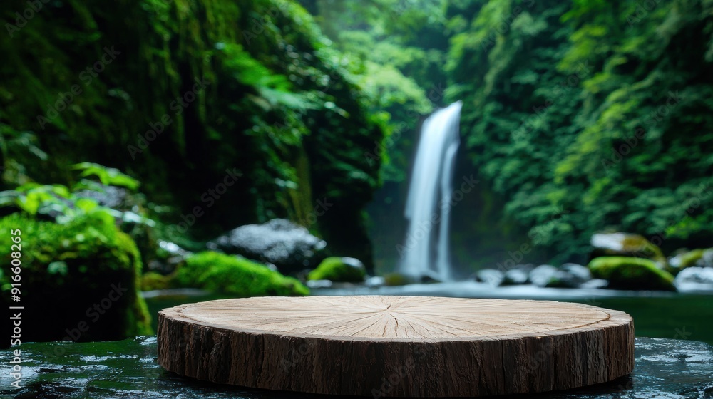 Wooden Platform in Lush Forest with Waterfall A natural wooden platform set against a backdrop of a lush green forest and a serene waterfall, creating a tranquil nature scene Wooden Platform in Lush Forest with Waterfall A natural wooden platform set against a backdrop of a lush green forest and a serene waterfall, creating a tranquil nature scene
