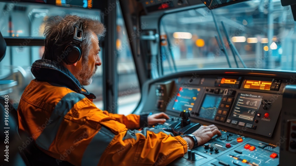 An electric train driver in a high-tech cabin, surrounded by digital screens and controls An electric train driver in a high-tech cabin, surrounded by digital screens and controls