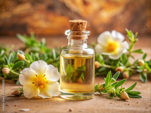 A delicate glass vial filled with golden Cistus essential oil, surrounded by fresh cistus flowers and greenery, against a soft, natural beige background.