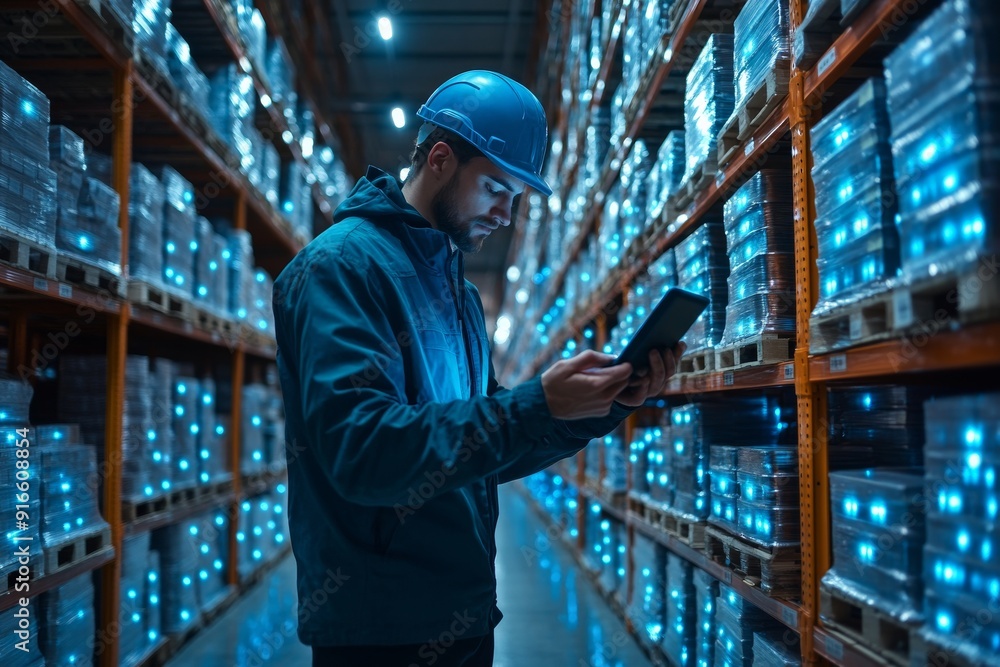 Workers using handheld scanners in a smart warehouse, inventory management technology, logistics efficiency. Generative AI Workers using handheld scanners in a smart warehouse, inventory management technology, logistics efficiency. Generative AI