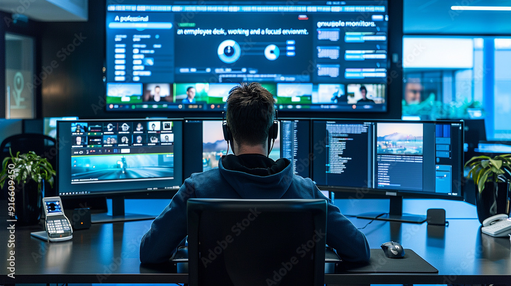 professional workspace with a sleek desk, multiple monitors, and an employee working on complex tasks in a focused environment. professional workspace with a sleek desk, multiple monitors, and an employee working on complex tasks in a focused environment.