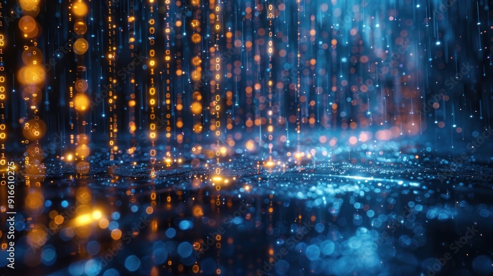 Fototapeta premium Digital Rain with Binary Code and Bokeh Lights