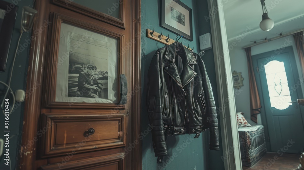 A classic black leather jacket hanging on a vintage coat rack in a stylish room