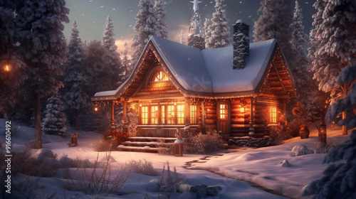 a cozy cabin in a fairy illuminated christmas winter wonderland, cinematic landscape