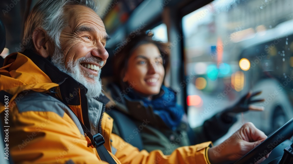 Obraz premium A bus driver smiling as they help a passenger with a stroller, demonstrating excellent customer service