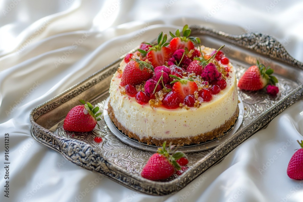 legant cheesecake on a silver tray, decorated with vibrant strawberry accents and intricate toppings, on a luxurious white silk tablecloth. Exquisite presentation, rich details, opulent dessert. legant cheesecake on a silver tray, decorated with vibrant strawberry accents and intricate toppings, on a luxurious white silk tablecloth. Exquisite presentation, rich details, opulent dessert.