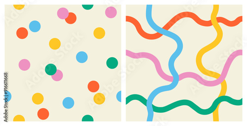 Set of abstract seamless colorful pattern of wavy multicolored lines and confetti on a light background, hand drawn illustration