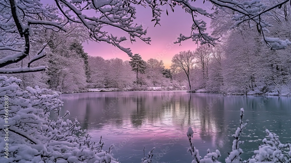 Mesmerizing Aurora Borealis Over a Frozen Lake with Shimmering Green-Purple Lights Reflecting on Snow-Covered Trees, Stock Photography with Ample Copy Space for Text

