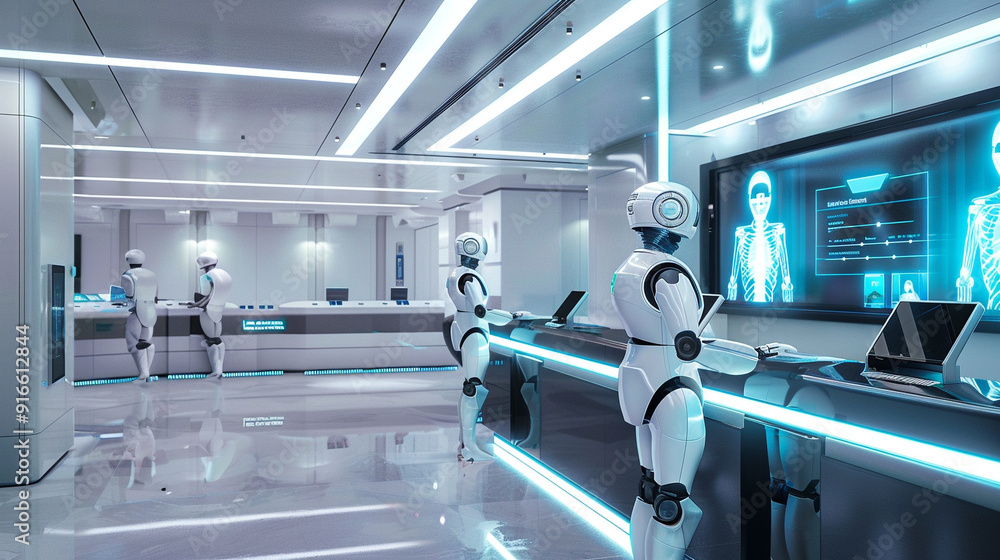 A futuristic banking environment with robotic tellers, digital screens displaying account balances, and customers interacting with holographic financial advisors. A futuristic banking environment with robotic tellers, digital screens displaying account balances, and customers interacting with holographic financial advisors.