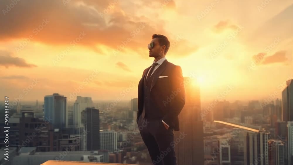 A man in a suit stands on a rooftop looking out over a city. The sun is setting, casting a warm glow over the buildings. The man is in a contemplative mood, taking in the beauty of the city skyline A man in a suit stands on a rooftop looking out over a city. The sun is setting, casting a warm glow over the buildings. The man is in a contemplative mood, taking in the beauty of the city skyline
