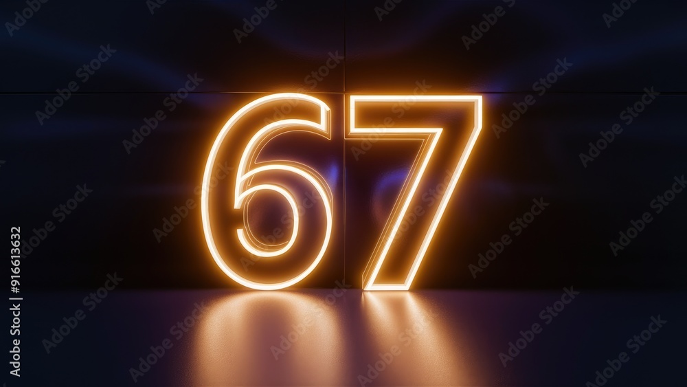 Illuminated Neon Number 67 on Dark Backdrop Illuminated Neon Number 67 on Dark Backdrop