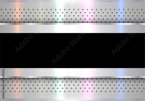 Metallic silver black background with opalescent pearl colors, chrome metal background with banner and dots pattern.