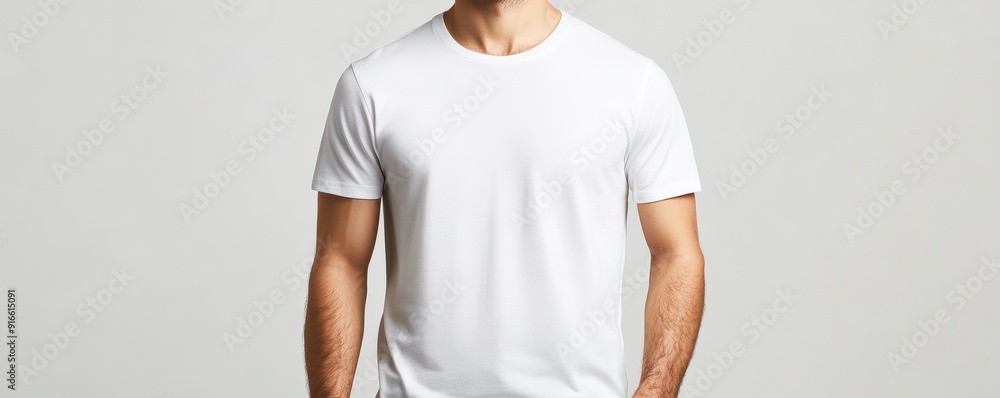 A modern man wearing a classic white t-shirt, showcasing casual style and simplicity in a clean, neutral setting. A modern man wearing a classic white t-shirt, showcasing casual style and simplicity in a clean, neutral setting.