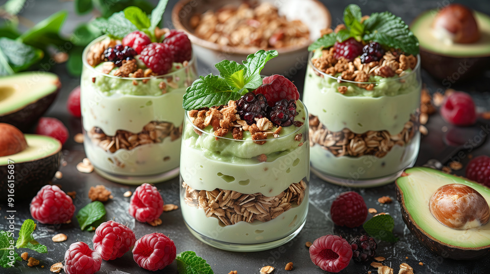 Avocado Yogurt Parfait: Layers of mashed avocado, Greek yogurt, granola, and berries for a nutritious and satisfying breakfast or dessert. Avocado Yogurt Parfait: Layers of mashed avocado, Greek yogurt, granola, and berries for a nutritious and satisfying breakfast or dessert.