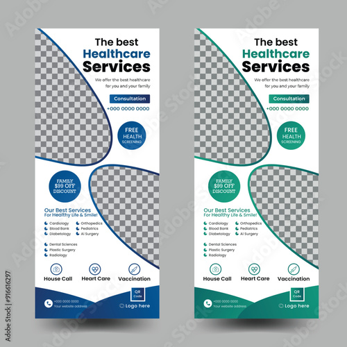 medical healthcare roll up banner design template. Standard and creative hospital healthcare roll up banner design.