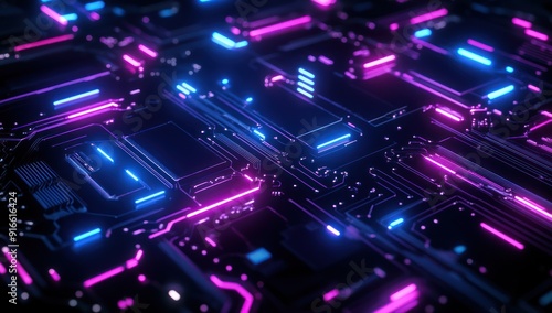 Abstract Circuit Board with Neon Lights