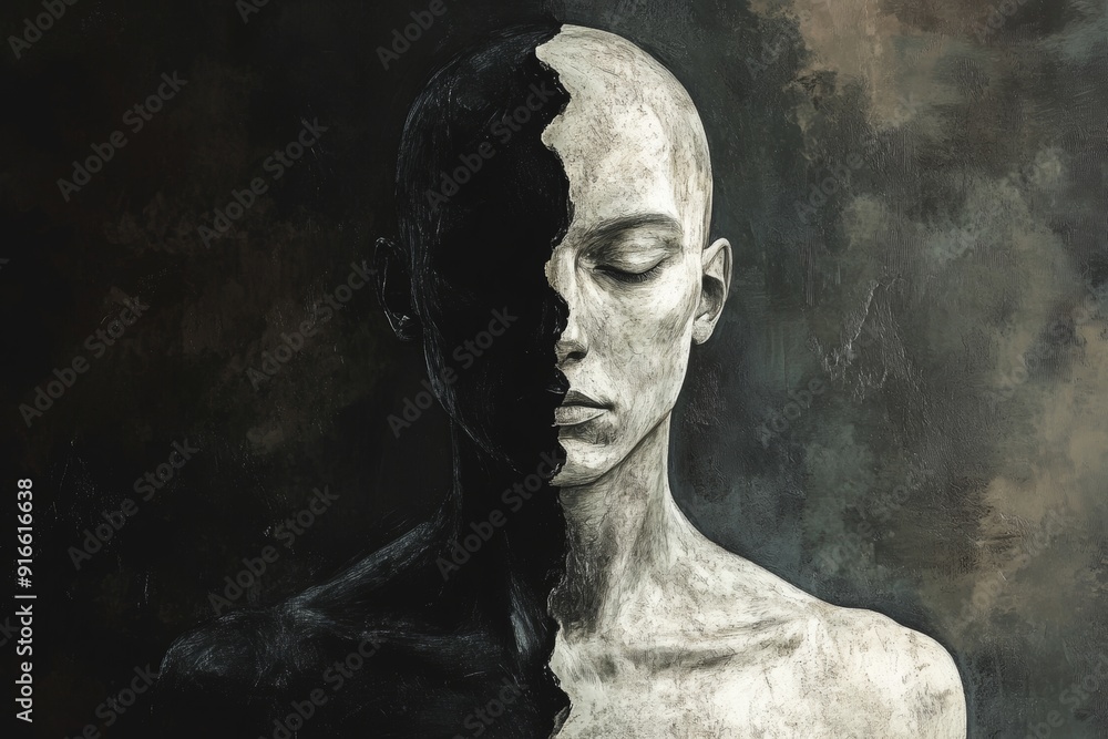 Conceptual portrait of a figure with one side in shadow and the other illuminated, representing duality and internal struggle. High-resolution, detailed textures, crisp focus Conceptual portrait of a figure with one side in shadow and the other illuminated, representing duality and internal struggle. High-resolution, detailed textures, crisp focus